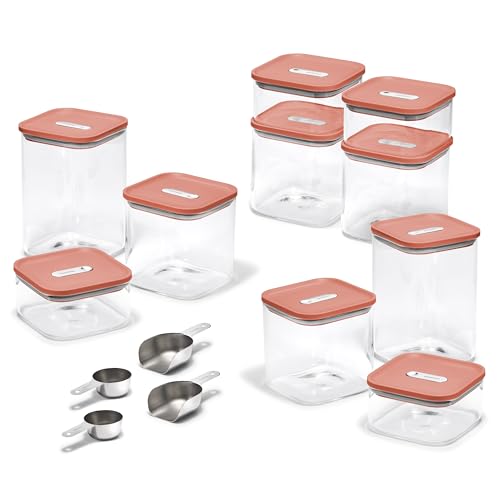 Caraway 26-Piece Ultimate Airtight Glass Food Storage Containers with Lids, Scoops, Measuring Cups and Organizers - Non-Toxic BPA-Free Stackable Space-Saving Containers for Pantry - Perracotta - color: Perracotta, size: 26-Piece Set