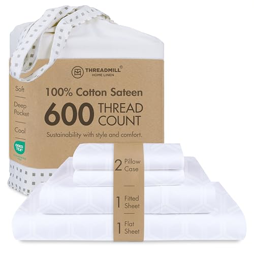 Threadmill 100% Cotton Sheets for Full Size Bed - 600 Thread Count Full Bed Sheets Set with 16” Deep Pocket - Jacquard Sateen Weave 4-Piece Bedding Set with Cooling Effect, White - color: Hotel White Olivia, size: Full