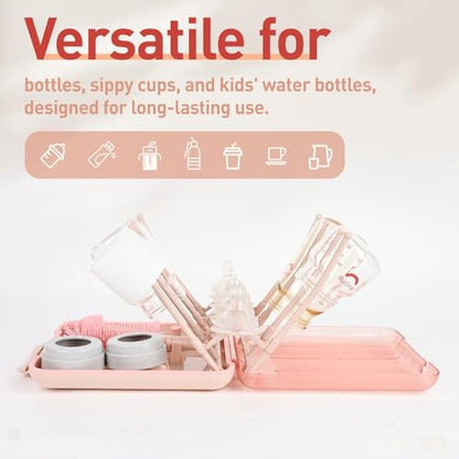 Baby Bottle Brush Set, 6-in-1 Travel Bottle Cleaner Kit with Silicone Bottle Brush, Nipple & Straw Brush, Soap Dispenser, Drying Rack, Storage Box – Compact Baby Travel Essential for Home & On-The-Go - color: Pink