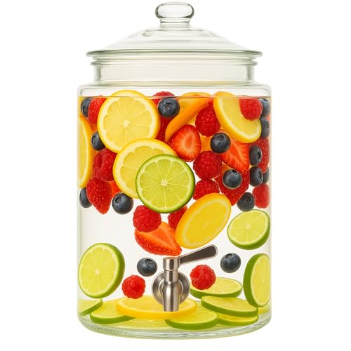 Large Glass Drink Dispenser with Spout – 1.5 Gallon Tall Mason Jar Style Beverage Server with Airtight Lid & Metal Spigot for Water, Tea, Juice, Punch, or Cocktails - size: 1.5 Gallon