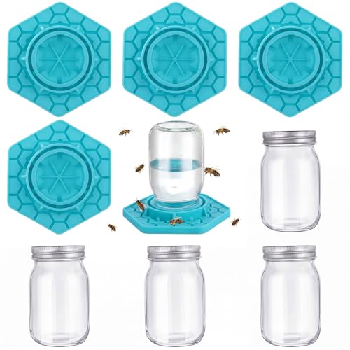 8 Pack Bee Feeder for Mason Jar Bee Watering Station Garden Silicone Sugar Water Feeder Beekeeping Drinking Equipment Tools with Mason Jars for Drinking Water(Teal,Hexagon) - color: Teal, style: Hexagon