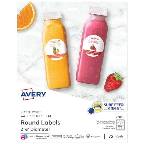 Avery Durable Waterproof Round Labels, Sure Feed Technology, 2.5" Diameter, White, Laser & Pigment-Inkjet Compatible, 72 Blank Labels Total, Great for Branding, Packaging, and More (22856) - color: Matte White, size: 2.5", style: 72 labels