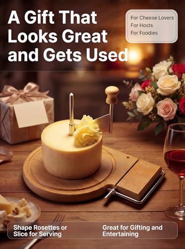 2-in-1 Cheese Curler and Slicer with Wooden Base, Stainless Steel Cheese Rosette Maker for Semi-Hard Cheese, Creates Elegant Rosettes and Uniform Slices