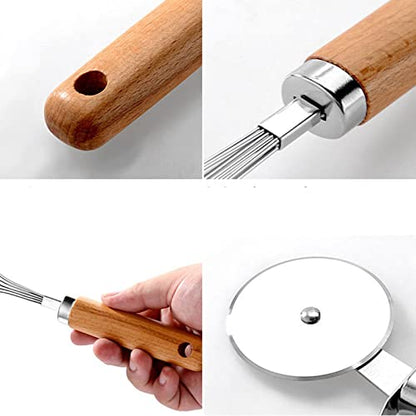 9pcs Kitchen Gadget Set with Wooden Handle, Stainless Steel Cooking Tools Kitchen Accessories Pizza Cutter, Egg Whisk, Vegetable Peeler, Can Opener, Garlic Press - color: Gadget Set