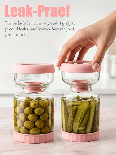 Homnoble Olive Pickle Jar Container with Strainer Pickling Jar, Glass Pink | Hourglass Pickle Flip Jar with Strainer, Pickle Holder Keeper Upgrade Food-grade ABS Lid and BPA Free Airtight Food Storage - color: Pink