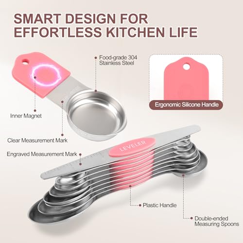 16-Piece Stainless Steel Measuring Cups and Spoons Set, Strong Magnetic Nesting Design 7 Cups 8 Spoons with Leveler, Double Measurement Markings for Dry & Liquid Ingredients, Pink - color: 16-Piece Pink