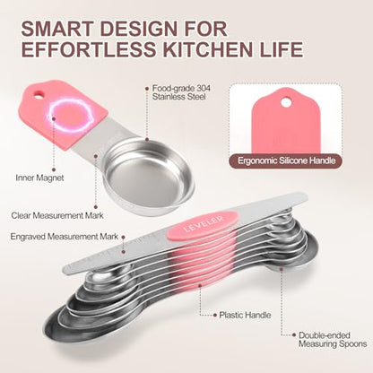 16-Piece Stainless Steel Measuring Cups and Spoons Set, Strong Magnetic Nesting Design 7 Cups 8 Spoons with Leveler, Double Measurement Markings for Dry & Liquid Ingredients, Pink - color: 16-Piece Pink