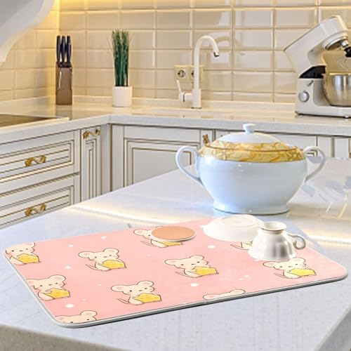 Cute Mouse Holding Cheese Dish Drying Mat for Kitchen Counter Super Absorbent Dishes Pad Reversible Microfiber Protector Dish Draining Mats 16x18 inch - size: 16 x 18 in