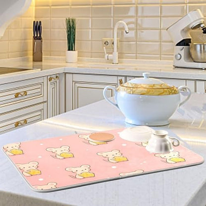 Cute Mouse Holding Cheese Dish Drying Mat for Kitchen Counter Super Absorbent Dishes Pad Reversible Microfiber Protector Dish Draining Mats 16x18 inch - size: 16 x 18 in