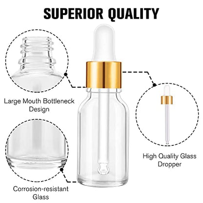 PrettyCare Glass Eye Dropper Bottles 24 Pack, 0.5oz (15ml) Clear Empty Thick Bottles Bulk with Leakproof Golden Caps - With Labels & Funnels for Storage, Travel, Essential Oils, Cuticle, Tinctures - color: 0.5oz Clear, style: 24 Pack