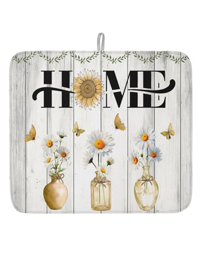 Dish Drying Mat for Kitchen Counter Yellow Vase Drying Pad Absorbent Drying Mats for Countertops Sinks Draining Racks Eucalyptus in Mason Jars Home Drainer Kitchen Decor 16x18 Inch - color: Yellow