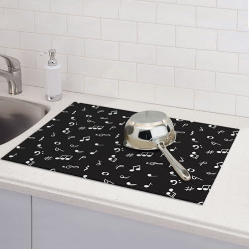 Music Note Dish Drying Mat Black and White Musical Lover Drying Rack Pad Countertop Dishes Ultra Absorbent Microfiber Kitchen Counter Mat 18x24 Inch - color: Black