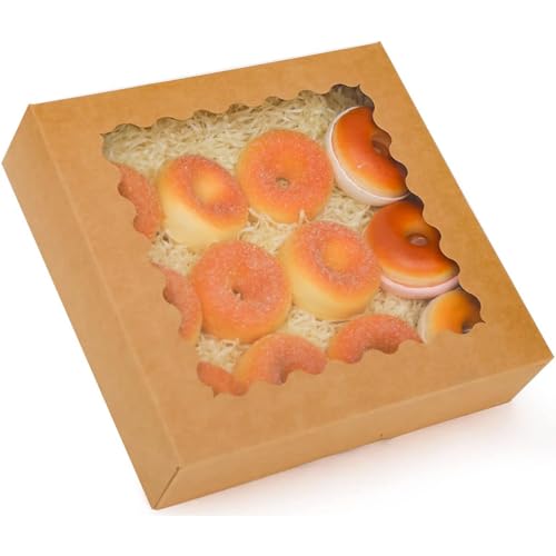 qiqee Auto-pop up Brown Pie Boxes with Window 10x10x2.5 inch 30Packs Cookie Donut Bakery Box - color: Brown, size: 10"x10"x2.5"/30 Pcs