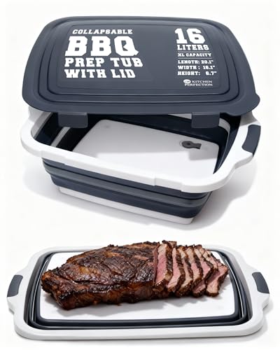 KITCHEN PERFECTION Collapsible XL Smoker & BBQ Prep Tub with Locking Lid & Cutting Board - Grill Caddy Container for Meat Marinating & Brine Perfect For Brisket, Turkey & Ribs - Best Gift For Men - color: Gray