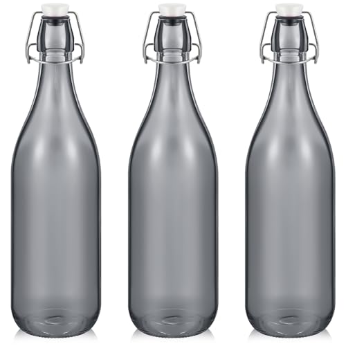 Teenyyou 3 Pcs Grey Glass Bottle 1 L / 33.75 oz Decorative Bottles Grey Swing Top Glass Bottles with Airtight Lid for Centerpieces Garden Decor, Bottle Tree - color: Grey, size: 33.75oz