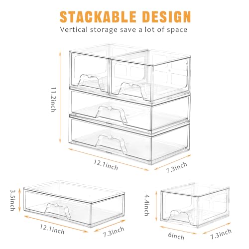 Stebopum 4 Pack Stackable Storage Drawers Clear Acrylic Organizer Bathroom Makeup Organizer and Storage for Beauty Supplies,Ideal for Vanity, Bathroom,Cabinet,Pantry Organization - style: 2 Small+2 Wide