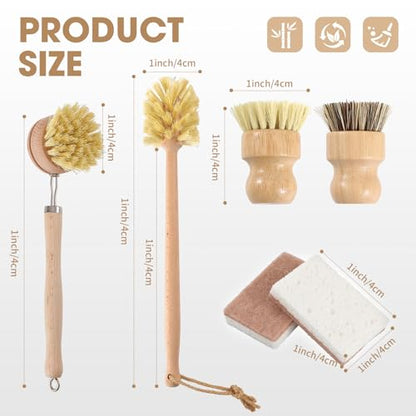 6 Pack Bamboo Dish Brush & Sponge Set, Wooden Handle Kitchen Scrub Brushes with Natural Sisal & Palm Fiber Heads, Multi-Purpose Dishwashing Cleaner for Dishes, Pots, Bottles, Vegetables