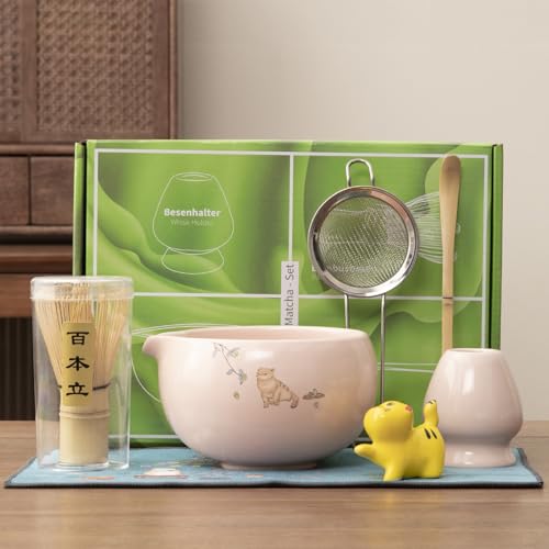 Matcha whisk 7-piece set,Pink Matcha Set， matcha bowl with nozzle, matcha whisk stand, spoon, stainless steel sieve, cloth mat, spoon stand, is a home kitchen decoration gift (pink)