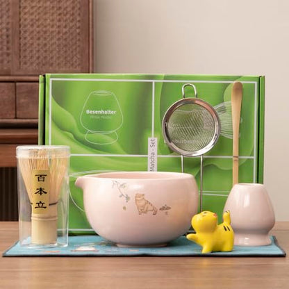 Matcha whisk 7-piece set,Pink Matcha Set， matcha bowl with nozzle, matcha whisk stand, spoon, stainless steel sieve, cloth mat, spoon stand, is a home kitchen decoration gift (pink)