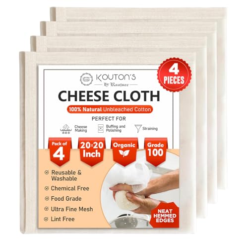 100% Unbleached Cheese Cloths – 4 Pcs Precut 20x20 inch Hemmed Reusable Cheesecloth for Straining - Grade 100 Organic Cheese Cloth - Ultra Fine Muslin Cloth for Juicing Brewing Baking Turkey - size: 20x20 inch 4 Pcs
