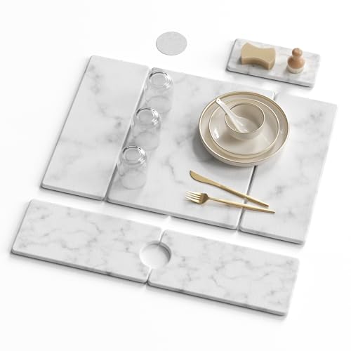 3 PCS Large Stone Dish Drying Mat for Kitchen Counter -24"x16" Absorbent Diatomaceous Earth Mat with Stone Faucet Mat & Soap Tray - Quick Dry, Collapsible, Non-Slip Countertop Organizer - color: Gray Marble