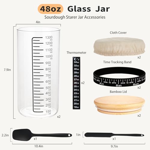 Extra Large Sourdough Starter Jar Kit, 48 Oz Wide Mouth Thickened Glass Container With Date Marked Band, Thermometer, Cloth Cover , Bamboo Lid And Scrape,Sourdough Bread Baking Supplies (2 Pcs)