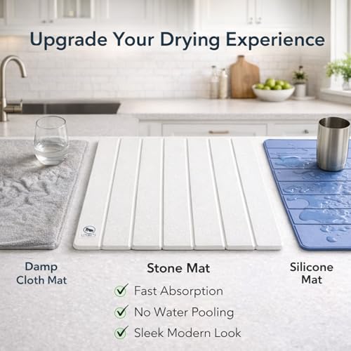 Premium White Stone Dish Drying Mat - 19x15 Ultra Absorbent Diatomaceous Earth Dish Drying Rack, Crack-Resistant Kitchen Appliance, Non-Slip Modern Kitchen Decor.