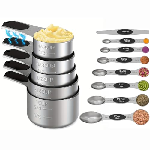 Magnetic Measuring cups and spoons Set, 304 Stainless Steel 5 Magnetic Measuring Cup and 8 Double Sided Measuring Spoons with 1 Leveler，Kitchen Gadgets for Cooking & Baking - color: Black-Double Side