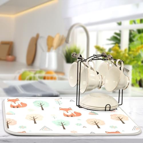 Fox Tree Flowers Dish Drying Mat for Kitchen Counter Super Absorbent Draining Mat with Non-slip Backed Dish Drying Pad for Draining Racks Countertops Sinks Dish Bottles Cups Bowl