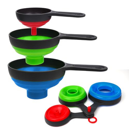 Kitchen Silicone Collapsible Funnel Set, Large, Medium, Small Multicolored Food Grade Funnels (3 Pcs Blue, Green, Red)