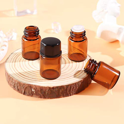 100 Pack 2ml (5/8 Dram) Amber Mini Glass Essential Oils Sample Bottles with Black Caps for Essential Oils, Perfumes & Lab Chemicals (30ml Measuring Cup and 5 Droppers Included)