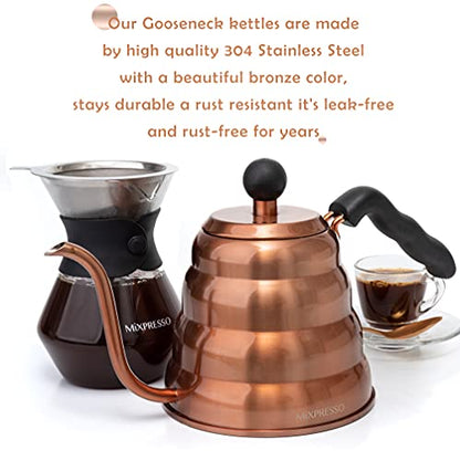 Mixpresso Gooseneck Pour Over Coffee Kettle, Barista Pour Control Design For Coffee & Tea High-Grade Stainless Steel 1.2 Liter (40 Oz) Drip Coffee Induction Cooker, Copper Stovetop Kettle - color: Bronze