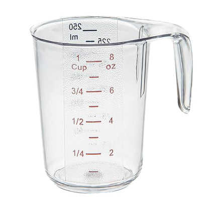 Restaurantware RW Base 1 Cup Measuring Jar 1 Durable Measuring Beaker - Metric And Imperial Units Handle With Thumb-Grip Design Clear Plastic Measuring Cup Tolerates Up To 248F - color: Clear, size: 3.75" × 3.00" × 3.75"