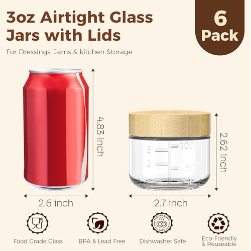 HomArtist 3oz Glass Salad Dressing Containers with Bamboo Lids - 6 Pack Small Airtight Condiment Cups, Mini Sauce Jars for Picnic, Ketchup, Dip & Snacks, Leakproof, BPA-Free & Dishwasher Safe - color: 3oz - 6 Pack