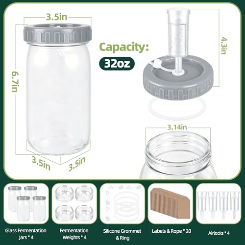 32oz Fermentation Jar Kit with Fermenting Weights and Airlock Lids, Wide Mouth Glass Jars with Scale Mark for Making and Storing Sauerkraut, Pickles (Pack of 4) - size: 32oz * 4pack