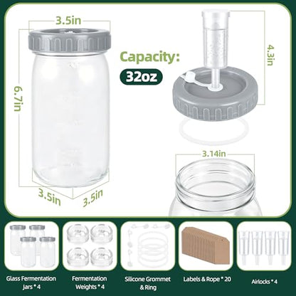 32oz Fermentation Jar Kit with Fermenting Weights and Airlock Lids, Wide Mouth Glass Jars with Scale Mark for Making and Storing Sauerkraut, Pickles (Pack of 4) - size: 32oz * 4pack