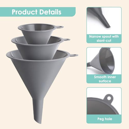 Plastic Kitchen Funnel Set of 3, Durable Round Food Grade Cooking Funnels for Kitchen Use Filling Bottles, Multifunctional Small Medium and Large Sizes for Canning, Lab or Car Oil Use