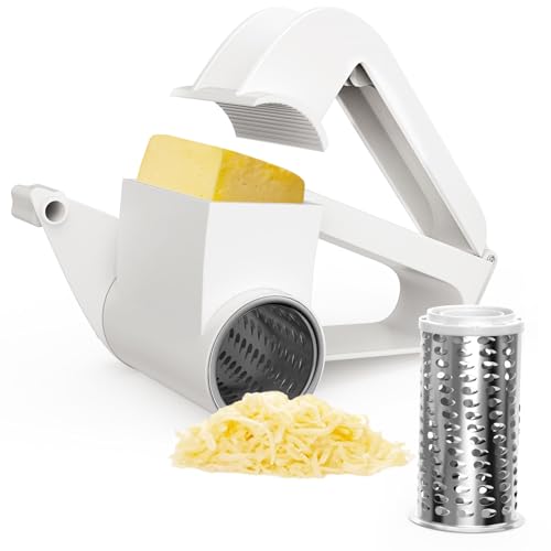 Cheese Grater with Handle, Rotary Cheese Grater,Vegetable, Chocolate, Hard Cheese & Nut Grater,White - color: White