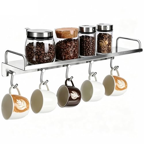 Spice Holder Rack, Coffee Mugs Storager Rack for Glass Jars Bottles, 304 Stainless Steel Shelf, Heavy Duty Kitchen Organizer Wall Mounted, Pots Pans Hanger Holder, 16 Inch With 5 Hooks (Silver)