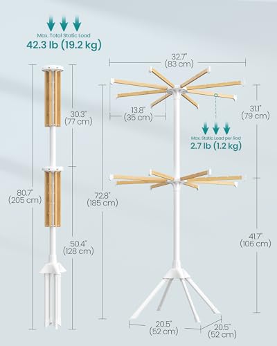 SONGMICS Clothes Drying Rack 2-Tier, with Bamboo Hanging Rods, Foldable Metal Laundry Rack, Space-Saving, Free-Standing Airer, Indoor Use, White and Natural ULLR517W01 - size: 2 Tier