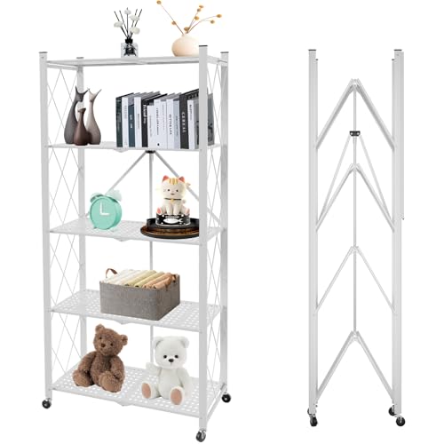 5 Tier Folding Shelf with Wheels | No Assembly, Portable,Suitable for kitchen, bedroom, living room, garage,64.6*28*13.4in - color: White, size: 5 Tier