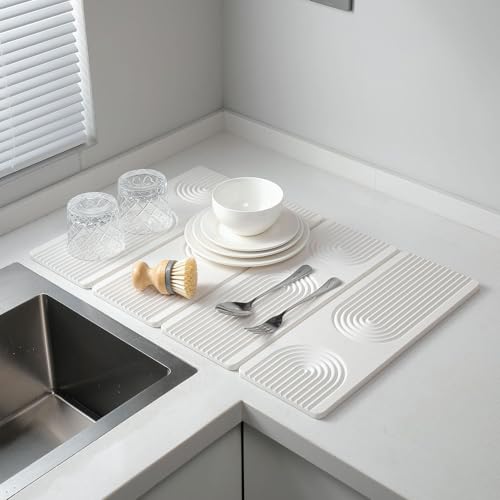Stone Drying Mat for Kitchen Counter,Foldable(White (4-fold), 24" × 16") | Large Quick-Dry Diatomaceous Earth Dish Drying Mat with PU Non-Slip Base,for Bottles Cups Dishes - color: White (4-fold)