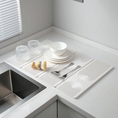 Stone Drying Mat for Kitchen Counter,Foldable(White (4-fold), 24" × 16") | Large Quick-Dry Diatomaceous Earth Dish Drying Mat with PU Non-Slip Base,for Bottles Cups Dishes - color: White (4-fold)