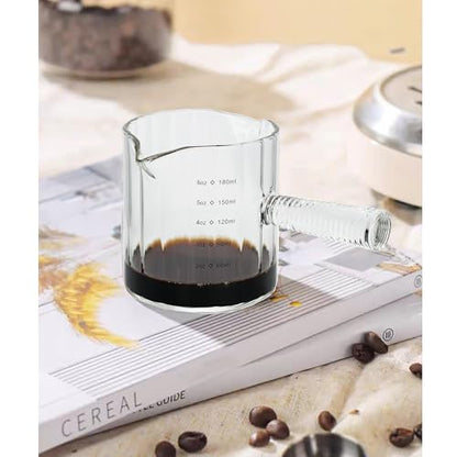 Glass Espresso Cup 6 OZ, Double Shots Measuring Cup with Glass Handle for Dishwasher Safe, Double V-Shaped Spout Milk Frothing Pitcher, Espresso Accessories for Machine, Demitasse Cups (Clear) - color: Clear