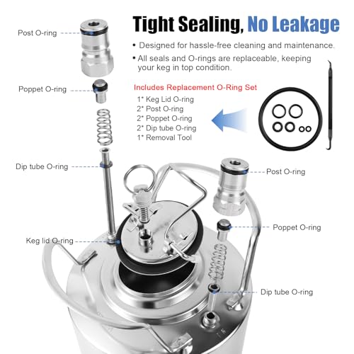MRbrew New 5 Gallon Ball Lock Keg, Stainless Steel Corny Keg with Two Ball Lock Keg Fittings & Gasket Set, Double Ball Lock Post Beer Keg For Draft, Homebrew, Craft Beer, Cold Brew Keg for Party