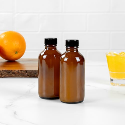 Restaurantware Vetri 4 Ounce Boston Glass Bottles, 24 Sample Bottles With Black Phenolic Caps - Dishwashable, Round, Amber Glass Bottle, For Potion, Juice, Ginger Shots, Whiskey, Liquids - color: Amber, size: 4 oz