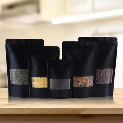 100 PCS Resealable Bags, Stand Up Kraft Paper Bags with Matte Window, Zipper Lock Food Storage Bags for Small Business and Home, 6.2x9.4 Inch Reusable Sealable Bags for Packaging - Black - color: Black,6.29*9.44 inches