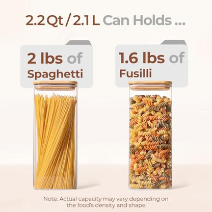 ComSaf 2.2 Qt Rectangle Glass Storage Containers with Lids, Glass Jars with Bamboo Lids, Clear Food Storage Jar, Tall Spaghetti Container, Pantry Storage Container for Pasta Flour Oats Nuts Rice - size: 2.2 Qt-3Pcs