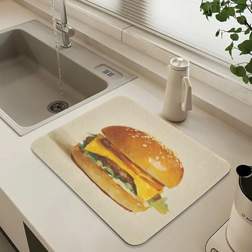 Burger Cheese Lettuce Beige Dish Drying Mat for Kitchen Counter Highly Absorbent Coffee Bar Mat Heat Resistant Dish Rack Pad for Sink Utensils Draining Racks 15.7" x 11.8" - size: 15.7x11.8inch