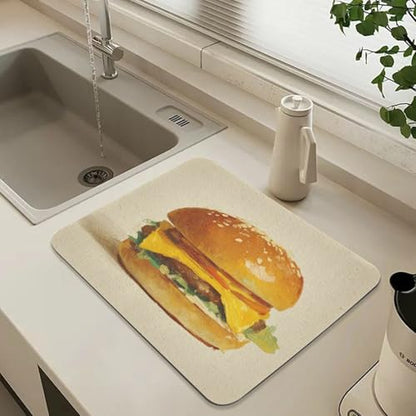 Burger Cheese Lettuce Beige Dish Drying Mat for Kitchen Counter Highly Absorbent Coffee Bar Mat Heat Resistant Dish Rack Pad for Sink Utensils Draining Racks 15.7" x 11.8" - size: 15.7x11.8inch
